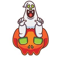 lindo fantasma sentado en un cráneo gigante. ilustración de halloween de dibujos animados aislados. estilo plano adecuado para el vector de logotipo premium de diseño de icono de etiqueta. personaje mascota