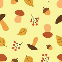 Autumn pattern on a beige background. Vector background with leaves, mushrooms and berries. Perfect for fabric, wallpaper, notebooks, wrapping paper, scrapbooking