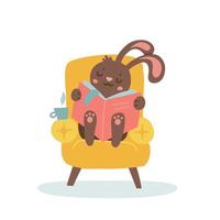 Cute bunny sitting in big cozy armchair and reading book. Relaxing reading concept. Cute rabbit with cup of tea holds a book. Vector flat cartoon illustration