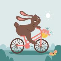 paisaje primaveral con lindo conejo monta una bicicleta en un prado verde. linda ilustración vectorial dibujada a mano infantil. naturaleza de verano. vector