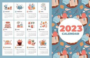 Childish calendar 2023 template with hand drawn cozy four seasons elemenst. Week starting on sunday. Ready to print. Cute vector illustrations in flat style.