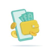 3d mobile phone with wallet with paper currency and falling coins. Money management mobile app concept. Vector render illustration