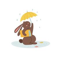 Cute little rabbit walks in the rain to school. Hare with an umbrella and a book. Vector flat hand drawn illustration isolated on white background. Autumn September weather