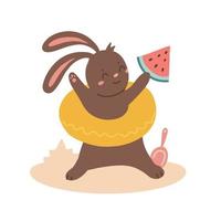 Cute Rabbit with Rubber Swimming Ring and piece of watermelon. Summer beach activity. Vector flat hand drawn illustration in cartoon style.