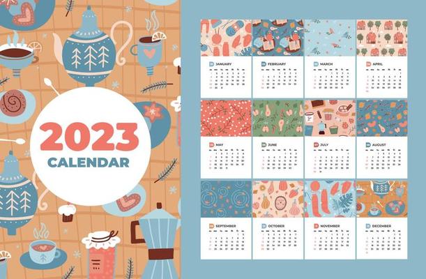 2023 calendar template set with 12 months pages and cover. Pieces of papers with colorful cozy seasons elements patterns in flat style. Week starts on Sunday. Vector hand drawn illustration.