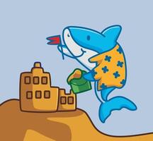 Cute illustration shark on the beach making sandcastle with a flag for a summer holiday vacation. Animal Isolated Cartoon Flat Style Sticker Web Design Icon Premium Vector Logo mascot