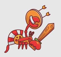 espartano de cangrejo de dibujos animados trae espada y escudo de madera. ilustración aislada del concepto de naturaleza animal de dibujos animados. estilo plano adecuado para el vector de logotipo premium de diseño de icono de etiqueta. personaje mascota