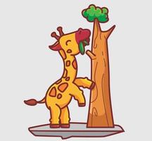 linda jirafa comiendo una hoja en el árbol. ilustración aislada del concepto de naturaleza animal de dibujos animados. estilo plano adecuado para el vector de logotipo premium de diseño de icono de etiqueta. personaje mascota