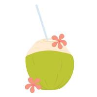 Coconut juice vector stock illustration. Green coconut with a drinking tube. Tropical cocktail. The flower of the plumeria. Isolated on a white background.