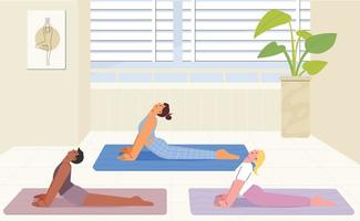 People are doing yoga together on the mat. flat design style vector illustration.