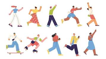 A collection of exciting people in different styles running in one direction. flat design style vector illustration.
