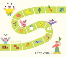 Board game concept vegan map. Healthy food is laid out on the road. flat design style vector illustration.