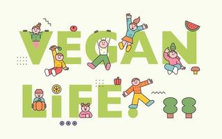 vida vegana. los personajes lindos de los niños están jugando con el alfabeto de la vida vegana. iconos de frutas y verduras. ilustración vectorial de estilo de diseño plano.
