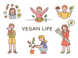 vida vegana. una persona sosteniendo un cerdo bebé. personas que cultivan y comen verduras. ilustración vectorial de estilo de diseño plano. vector