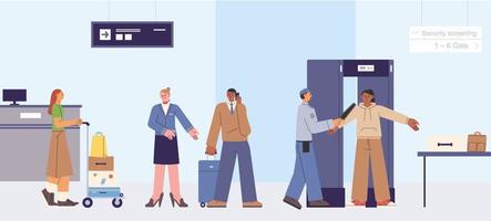 Passengers at the airport are scanning at the security checkpoint. flat design style vector illustration.