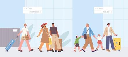 There are many passengers with suitcases at the airport. flat design style vector illustration.