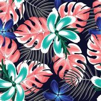 tropical monstera leaves seamless background with frangipani and gray palm leaves on night background. Seamless floral pattern on dark background. Exotic wallpaper. nature background. Summer design vector