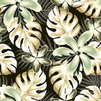 beige monstera leaves seamless pattern with tropical palm leaf and abstract hibiscus flower plants foliage on black background. Floral background. Exotic tropics. Summer design. nature wallpaper. vector