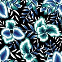 La cala tropical verde azul deja un patrón sin costuras con plantas y follaje sobre fondo oscuro. hermosas plantas exóticas. impresión de diseño de verano de moda. colorido floral con estilo. fondo de pantalla de naturaleza ligera vector