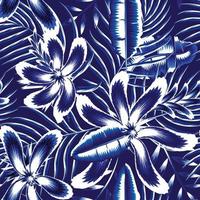 blue monochromatic abstract seamless tropical pattern with light banana palm leaves and hiiscus flower plants foliage on dark blue background. Jungle print. Floral background. Exotic tropics. Summer vector