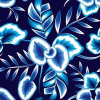 patrón transparente de follaje tropical azul claro con plantas y hojas sobre fondo oscuro. fondo floral. fondo botánico. fondo de pantalla de la selva. natural decorativo. ilustración nocturna. otoño. el verano vector