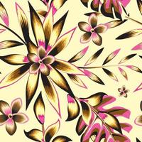 Abstract seamless tropical pattern with beautiful yellow and pink plants and leaves on beige background. Beautiful print with hand drawn exotic plant. Floral background. Summer design. Exotic tropic