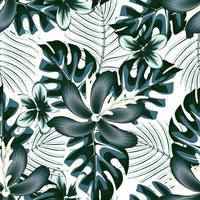 blue vintage coconut monstera leaves seamless pattern with abstract hibiscus flowers plants and foliage on white background. Floral background. Exotic tropics. Summer design. nature background. vector