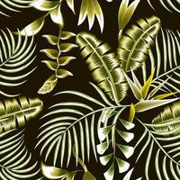 Fashionable seamless tropical pattern with green light banana palm leaves and heliconia flower plant foliage on dark background. Beautiful exotic plant. Trendy summer Hawaii print. Floral background vector