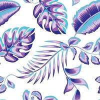 El helecho de plátano tropical azul cielo deja un patrón sin costuras con una hoja de monstera colorida sobre fondo blanco. patrón tropical sin costuras de verano. papel pintado tropical. textura de moda. papel pintado de la naturaleza vector