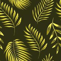 Tropical palm leaves and foliage on green background. palm leaves Vector seamless pattern. Jungle elements illustration. Exotic plants. Summer beach design. yellow nature. light color on Dark.