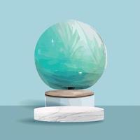 Abstract white round corner pedestal podium, Light blue empty room with green palm leaf, blue and white sphere. Vector with wood texture marble