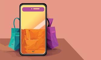 compras en línea o ilustración del concepto de entrega 3d vector show trolley, bolsas y cajas. moderno diseño de moda colores brillantes en el teléfono inteligente