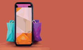 compras en línea o ilustración del concepto de entrega 3d vector show trolley, bolsas y cajas. moderno diseño de moda colores brillantes en el teléfono inteligente