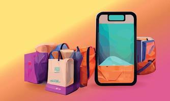 Online shopping or delivery concept illustration 3d vector show trolley, bags and boxes. Modern trendy design bright colors on smartphone