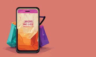 compras en línea o ilustración del concepto de entrega 3d vector show trolley, bolsas y cajas. moderno diseño de moda colores brillantes en el teléfono inteligente