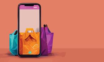 compras en línea o ilustración del concepto de entrega 3d vector show trolley, bolsas y cajas. moderno diseño de moda colores brillantes en el teléfono inteligente