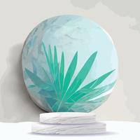 Abstract white round corner pedestal podium, Light blue empty room with green palm leaf, blue and white sphere. Vector with wood texture marble