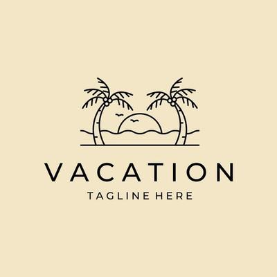 resort line art  logo with beach and coconut palms view