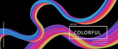 Banner 3D abstract flow fluid shapes. Liquid wave trendy modern style . Colorful vibrant neon on black color art background. Curve concept vector graphic