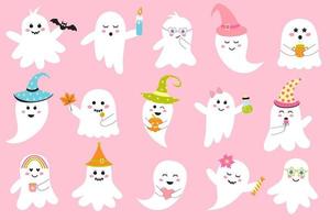 Cute pink halloween ghosts set. Creepy baby boo characters for kids. Magic scary spirits with different emotions, facial expressions and accessories. vector