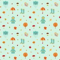 Seamless pattern with raincoat, rubber boots, umbrella, kawaii cloud, tree, rowan, mushrooms and autumn leaves.