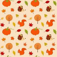 Seamless pattern with pumpkins, autumn leaves, squirrel, hedgehog and tree. vector