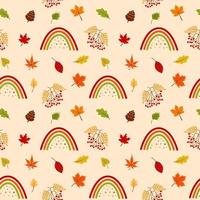 patrón sin costuras con hojas de arco iris, serbal, piña y otoño. vector