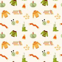 Seamless pattern with sweaters, hat, scarf, books, candle, socks, rubber boots, umbrella and knitting balls.