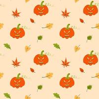 Seamless pattern with halloween pumpkin and autumn leaves. vector