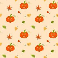 Seamless pattern with halloween pumpkin and autumn leaves. vector