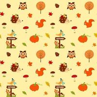 Seamless pattern with hedgehog, owl, squirrel, bird on roadsign, mushrooms, pinecone, tree, pumpkin and autumn leaves. vector