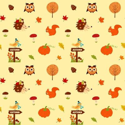 Seamless pattern with hedgehog, owl, squirrel, bird on roadsign, mushrooms, pinecone, tree, pumpkin and autumn leaves.