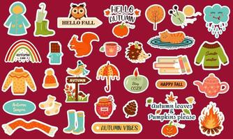Autumn stickers collection with cozy seasonal elements. All stickers with a white border. Animals, quotes, nature, things. Fall season stickers, pins, badges, patches. vector