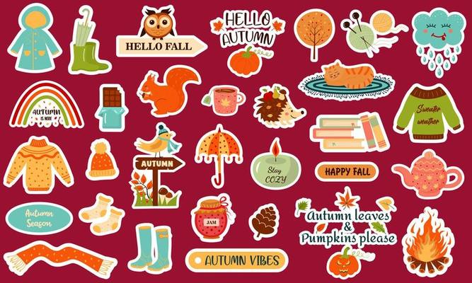 Autumn stickers collection with cozy seasonal elements. All stickers with a white border. Animals, quotes, nature, things. Fall season stickers, pins, badges, patches.